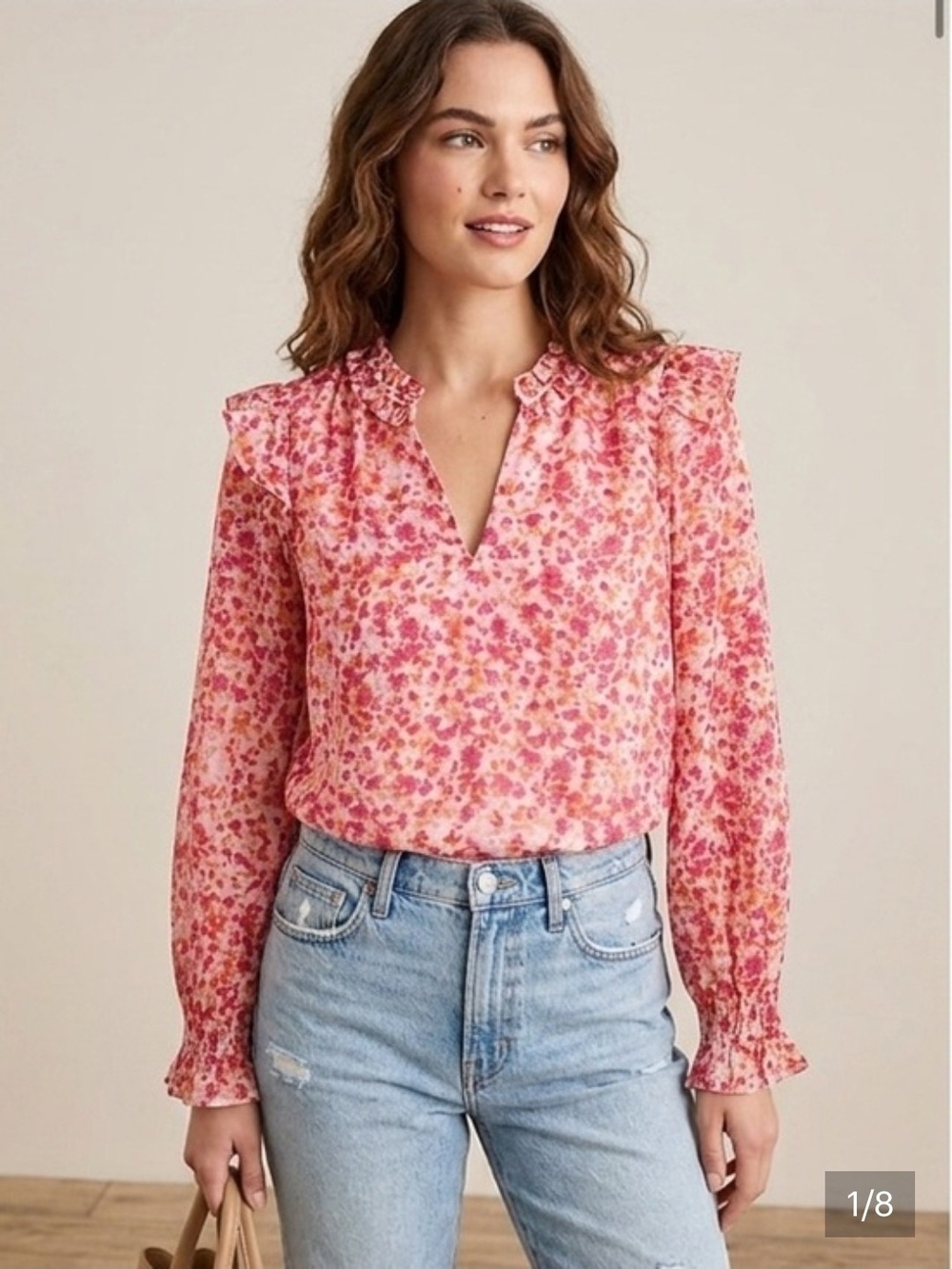 Floral Pink Ruffle V-Neck Long Sleeve Blouse